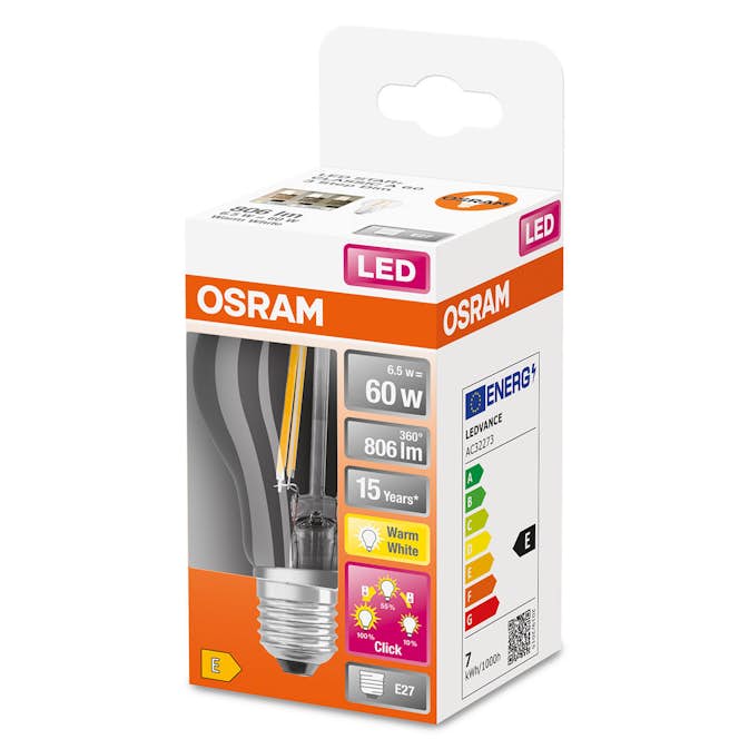 LED-Lampa Osram Normal (60) E27 Dim 3xdim Klar 827 Cl A