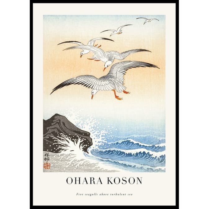 Poster Gallerix Five Seagulls Above Turbulent Sea By Ohara Koson