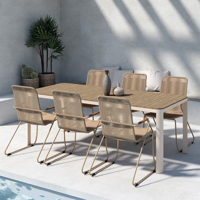 Trädgårdsmatgrupp Venture Home Etna Rektangulärt Matbord 210x90x75 Beige med 6 st Bois Trädgårdsstolar Beige