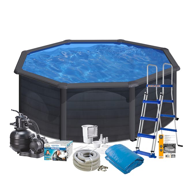 Poolpaket Swim & Fun Black Steel Rund Baspaket 120 cm Djup