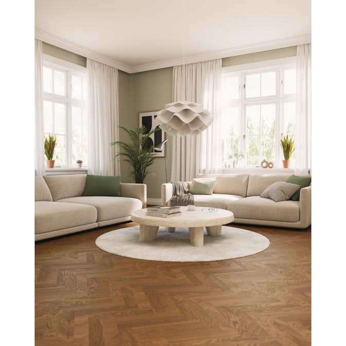 Trägolv Bjelin Härdad Ek Sandviken Classic Fiskben Terra Brown