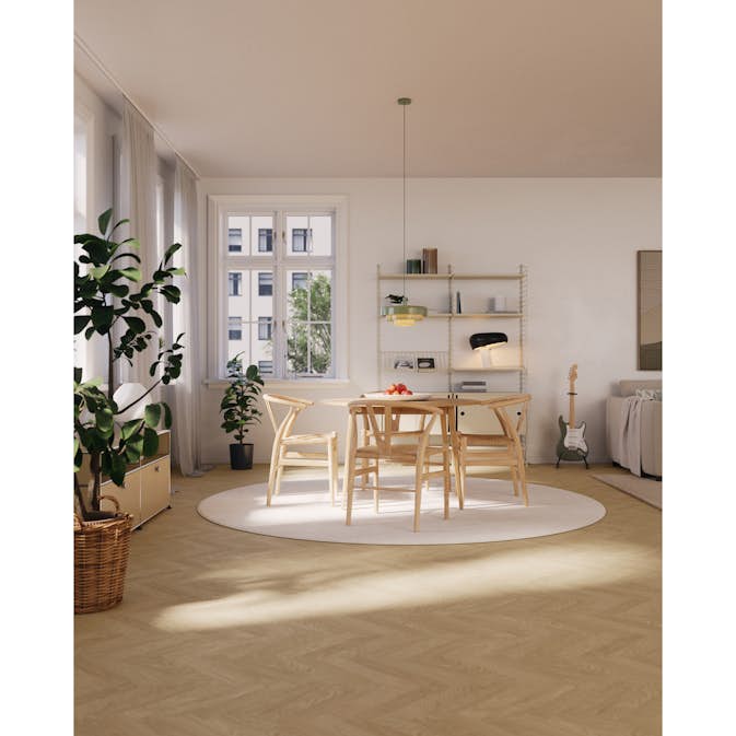 Trägolv Bjelin Härdad Ek Sigtuna Classic Fiskben Misty White