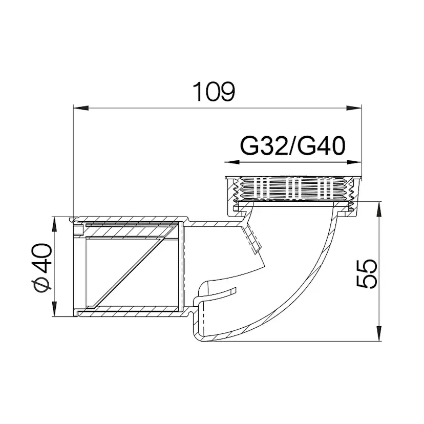 PUM-utloppsvinkel Purus Horisontell G32/G40xØ40