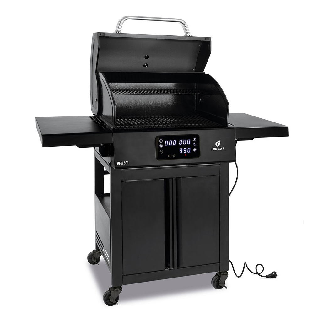 Elgrill Landmann 1192 Black 2023 med Gjutjärnsgaller med Inbyggd Termometer & Sidobord
