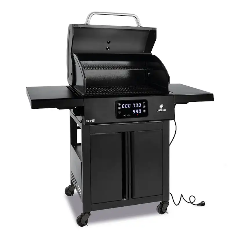 Elgrill Landmann 1192 Black 2023 med Gjutjärnsgaller med Inbyggd Termometer & Sidobord