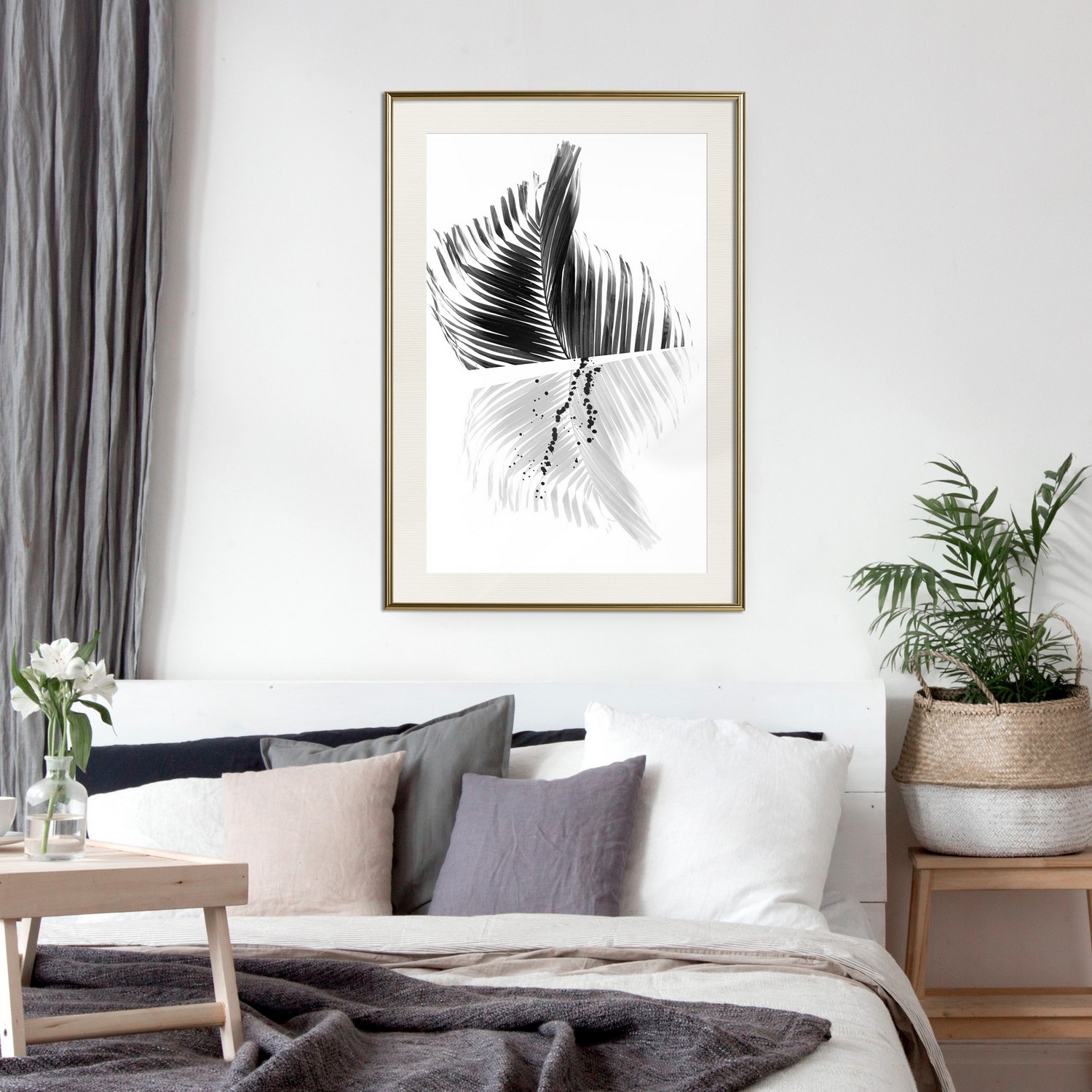 Affisch - Black And White Palm [Poster] 30x45 Guld ram med passepartout, 30x45 cm