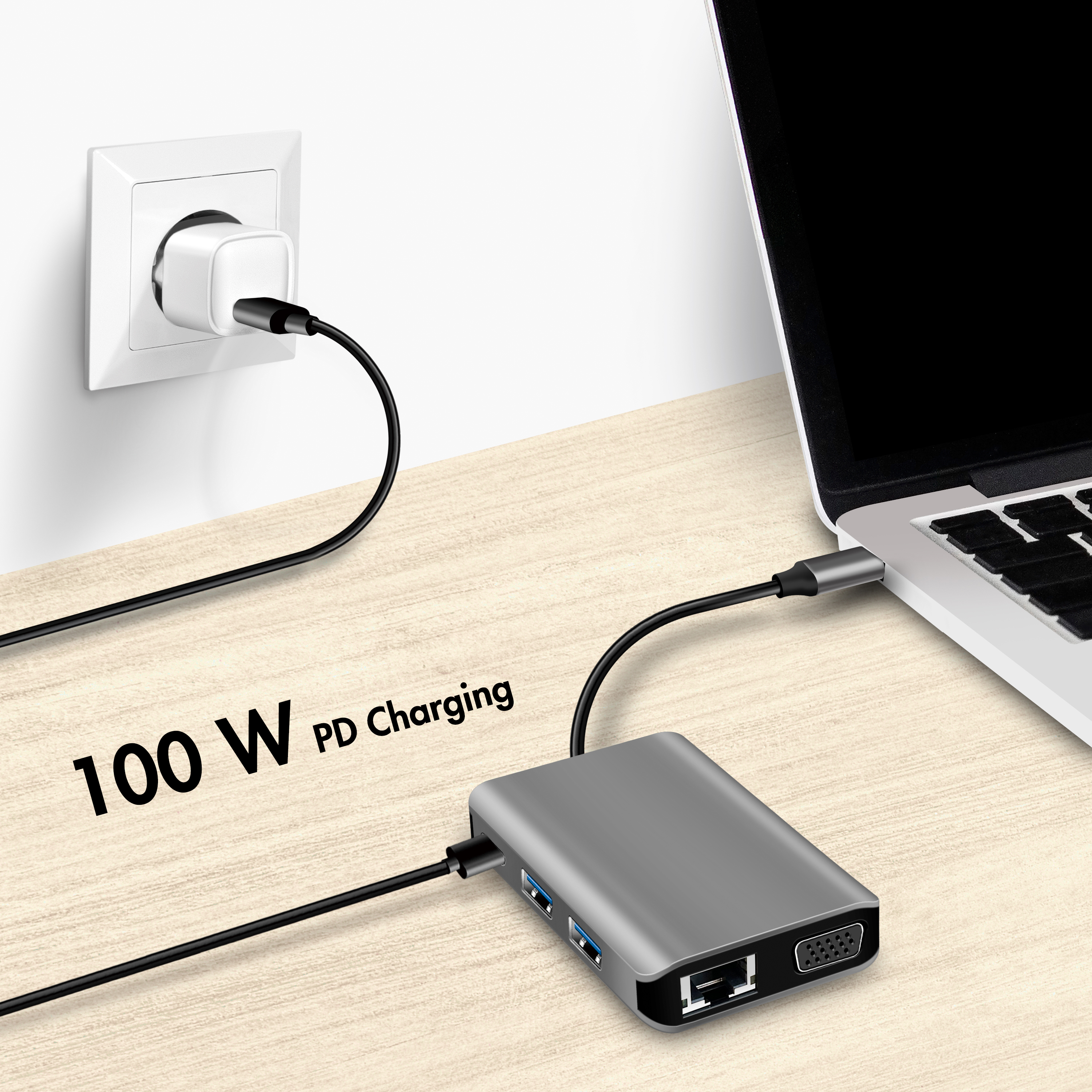 USB-C-Dockningsstation LogiLink 7-i-1 HDMI/VGA/RJ45/USB-C 100W PD