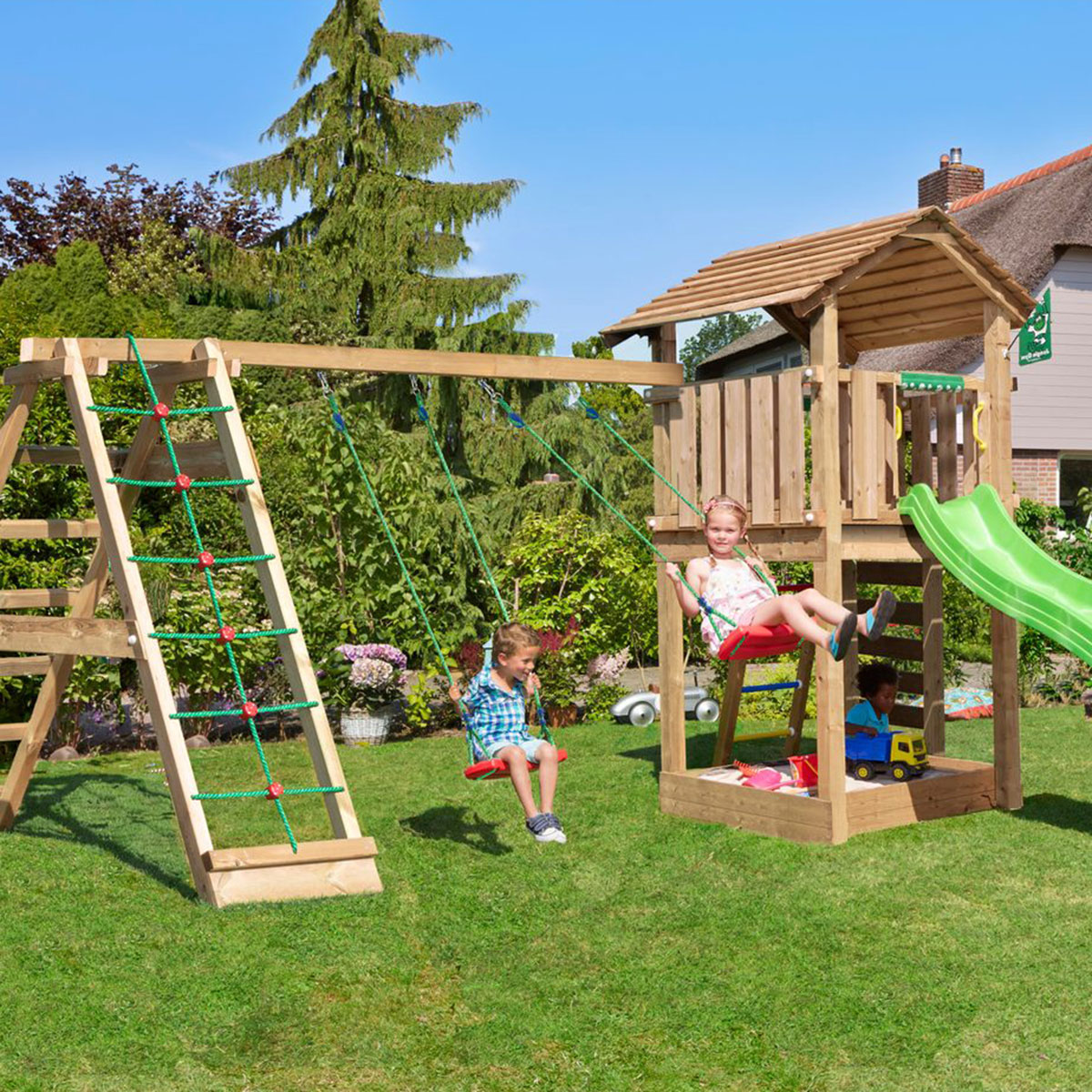 Lektorn Jungle Gym Mansion 2.1 Klättermodul Grön Rutschkana & Sand