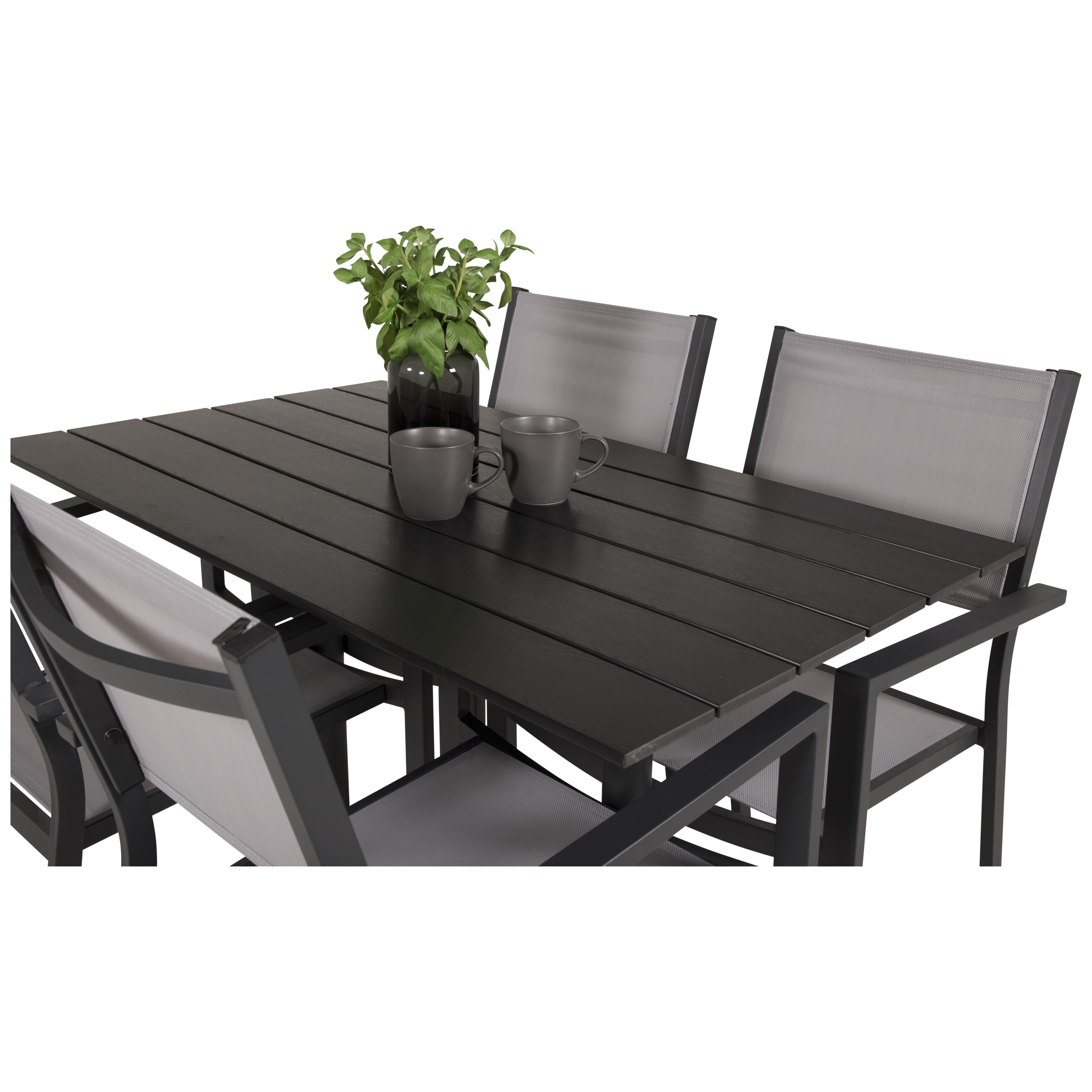 DenverCafé Bord120*70SvartAlu/Svart+Copacabana stolSvartAlu4 Svart Bord, Grå Stol