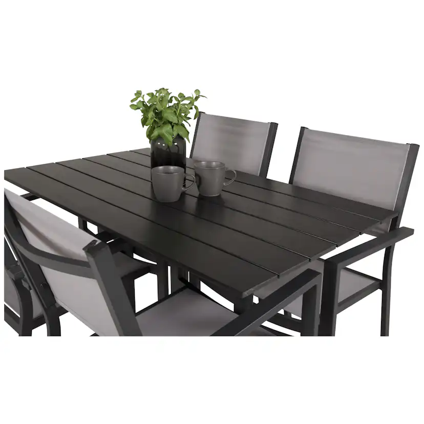 DenverCafé Bord120*70SvartAlu/Svart+Copacabana stolSvartAlu4 Svart Bord, Grå Stol