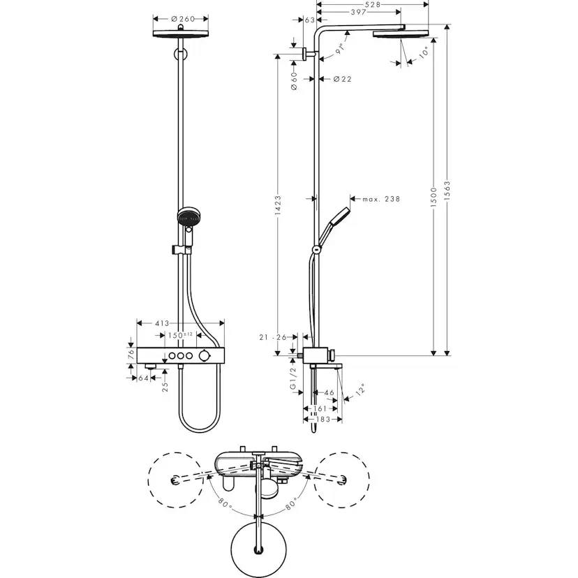 Takduschset Hansgrohe Pulsify S 260 1jet med Badkarsblandare