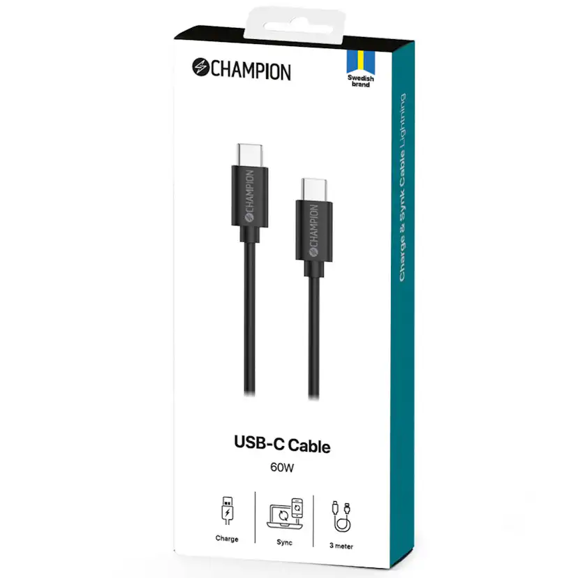 USB-C Kabel Champion 60W 3m Svart