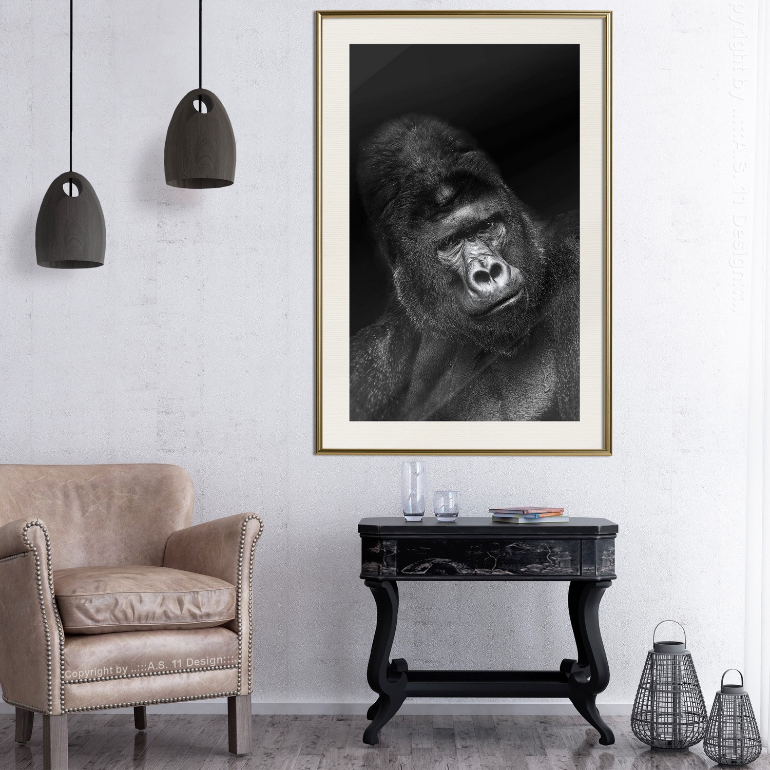 Affisch - Gorilla [Poster] 40x60 Guld ram med passepartout, 40x60 cm