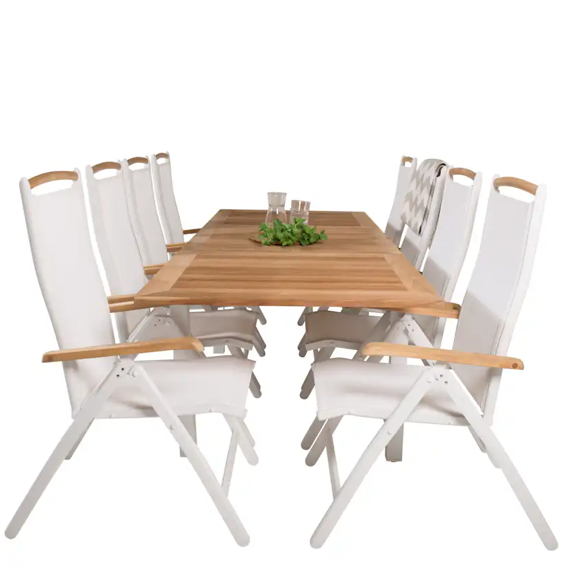 Panama Bord160/240*90-vit/Teak+Panama stol5:pos-vit/vitTeak8 Teak Bord med Vita Ben, Vit Stol