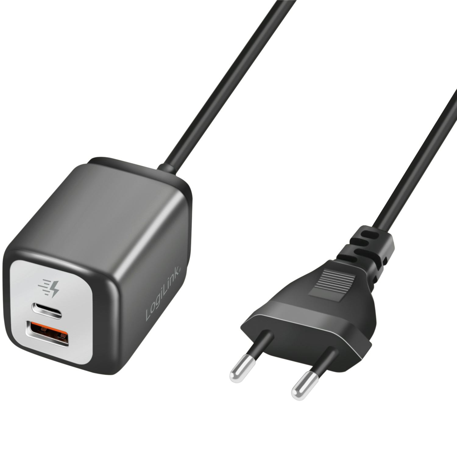 USB-laddare LogiLink 1xUSB-A + 1xUSB-C Med Fast Kabel 1,5m GaN 30W