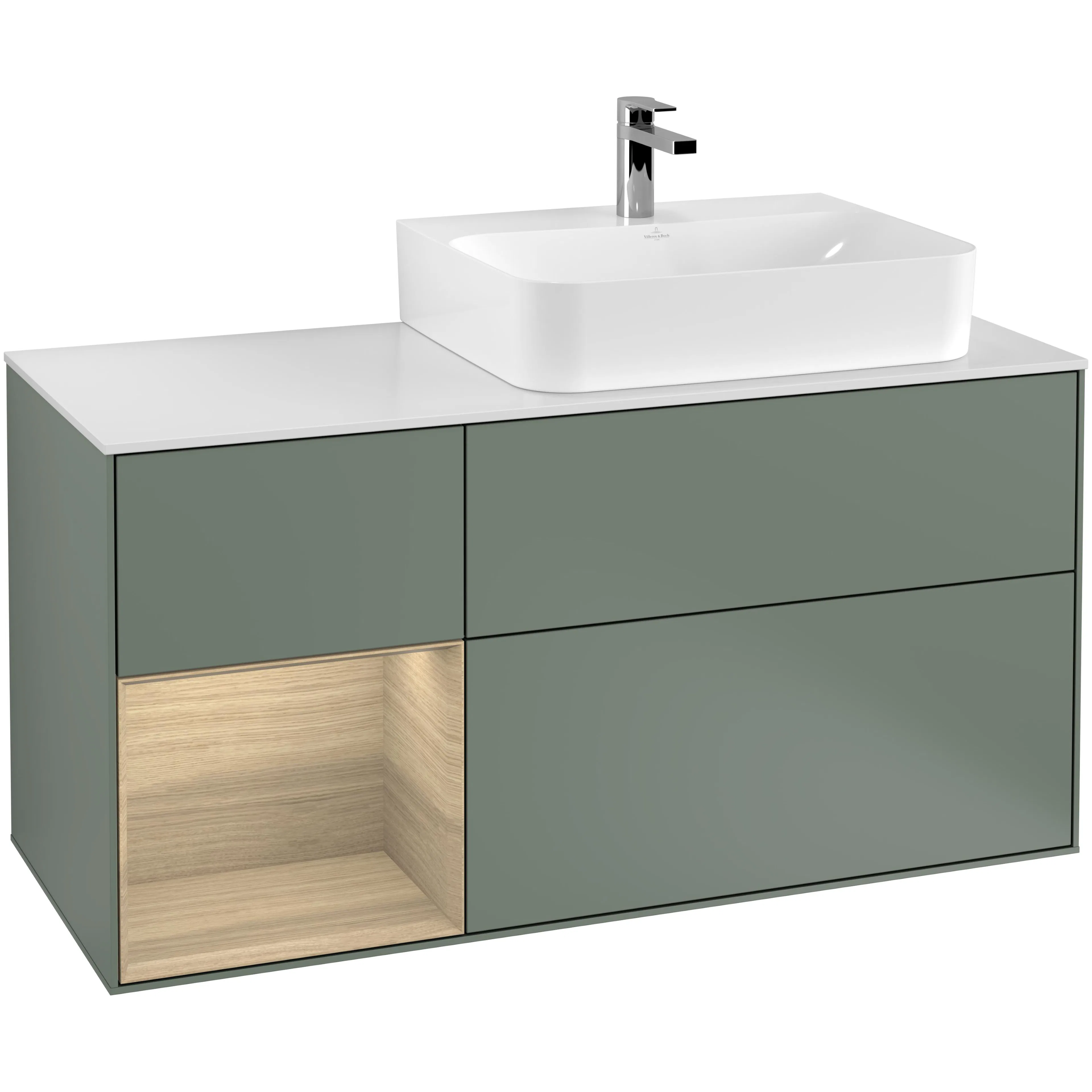 Tvättställsskåp Villeroy & Boch Finion F141PCGM Oliv Mattlack/Ekfanér med bänkskiva i Mattvitt glas, Lucka Vänster
