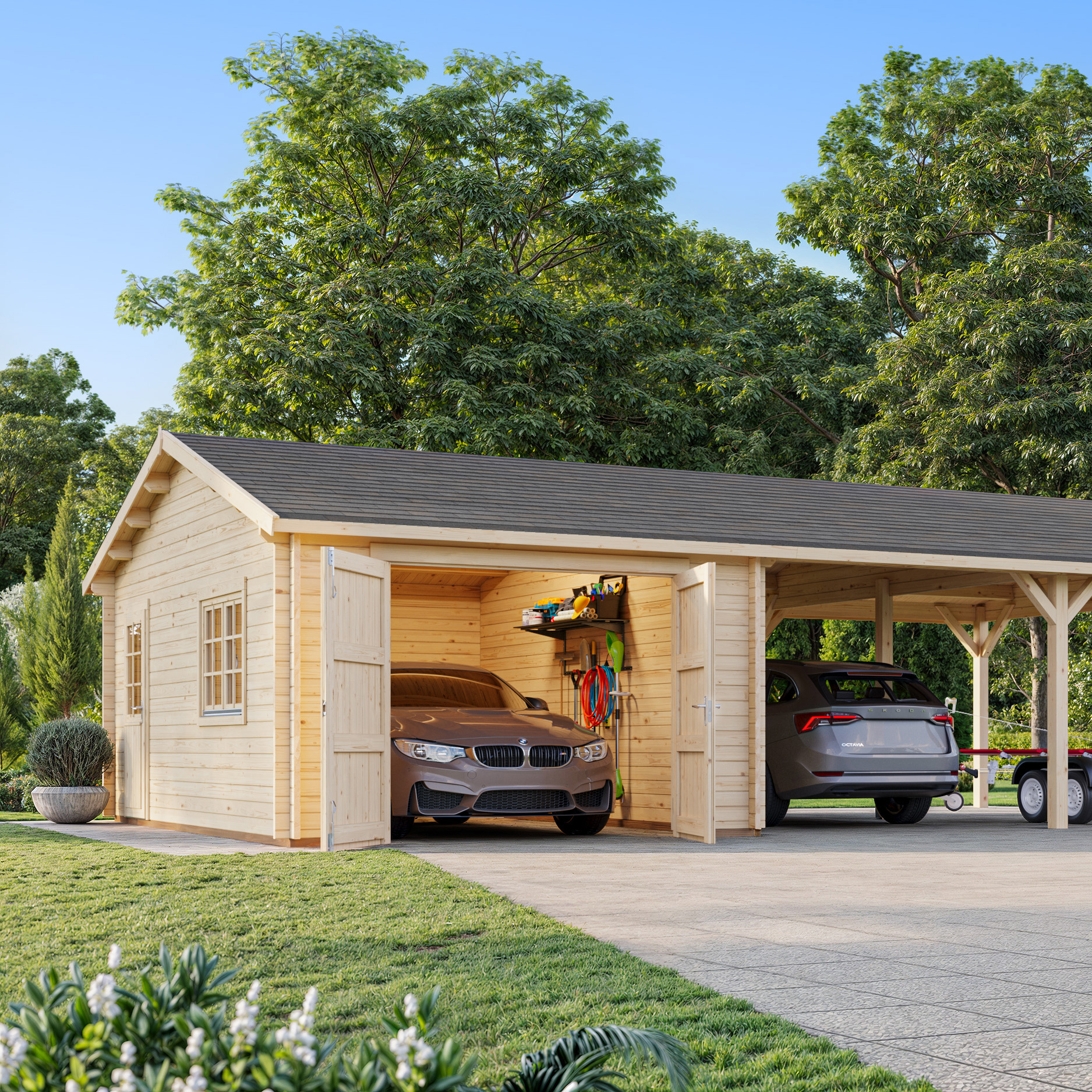Garage Palmako Roger med Carport 53,1 m2 och Slagport