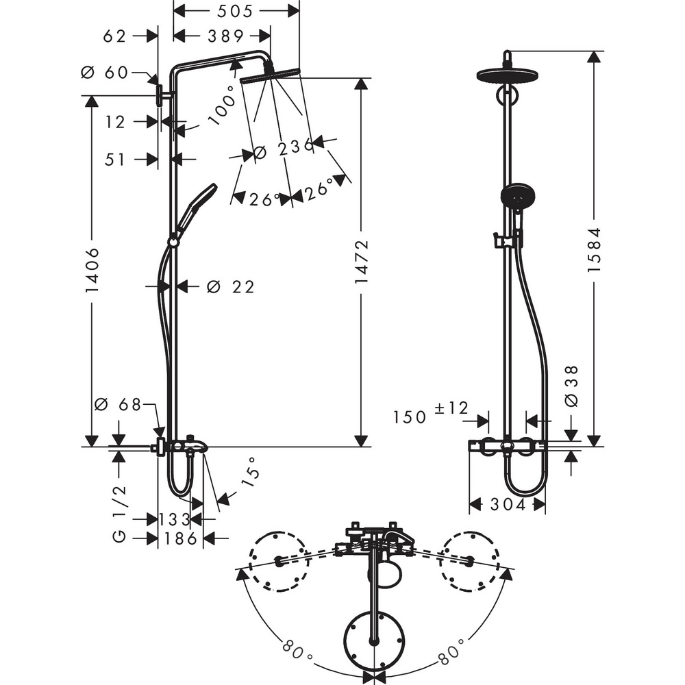 Takduschset Hansgrohe Raindance S Select 240 med Badkarsblandare
