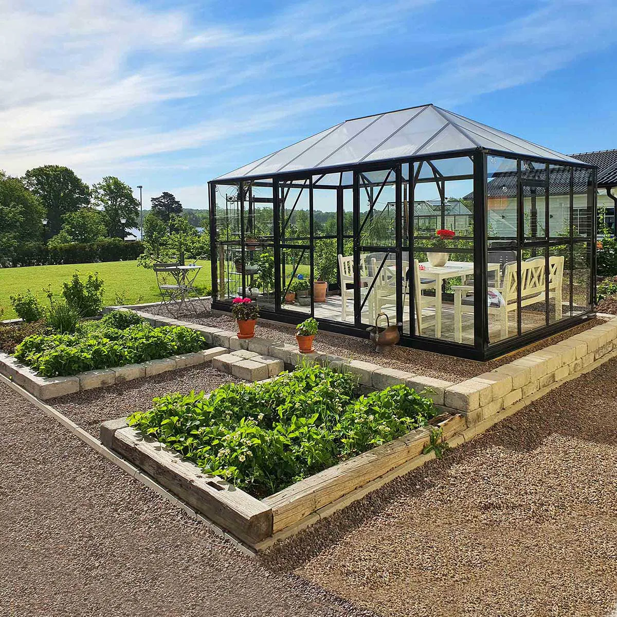 Gazebo 12,9m2, glas, pc-tak, med sockel, Svart Svart