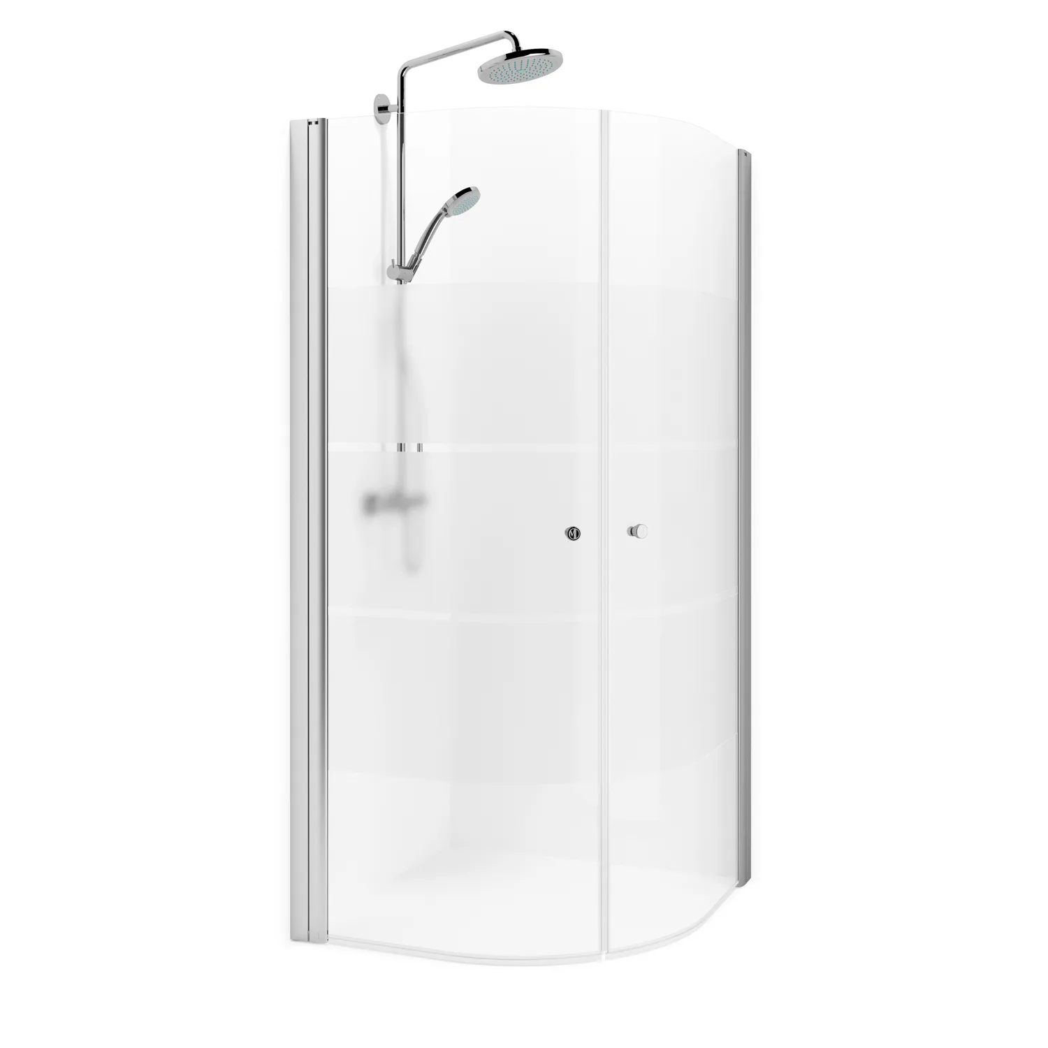 Spirit Rund 100x100 Ma Sc 1000x1000x1970 mm, Matt Aluminium, Screentryckt glas med Knopp