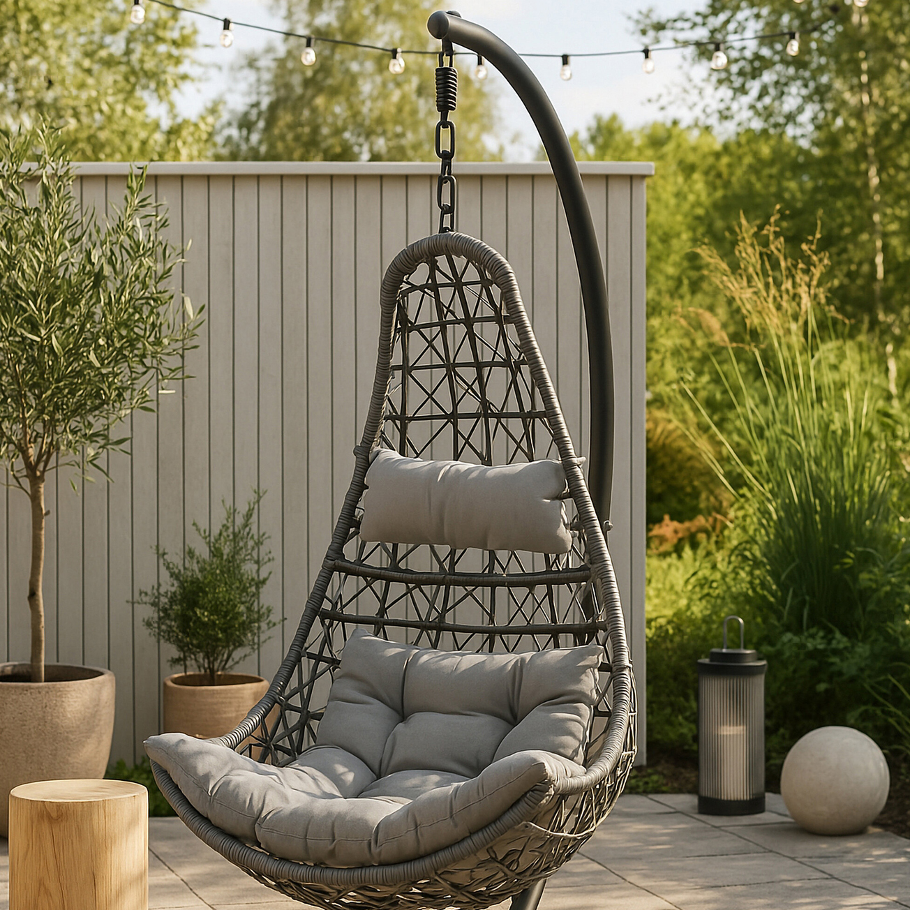 Edinburgh Hanging chair - Black frame/grey wicker/grey cushi Grå