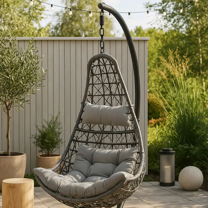 Edinburgh Hanging chair - Black frame/grey wicker/grey cushi Grå