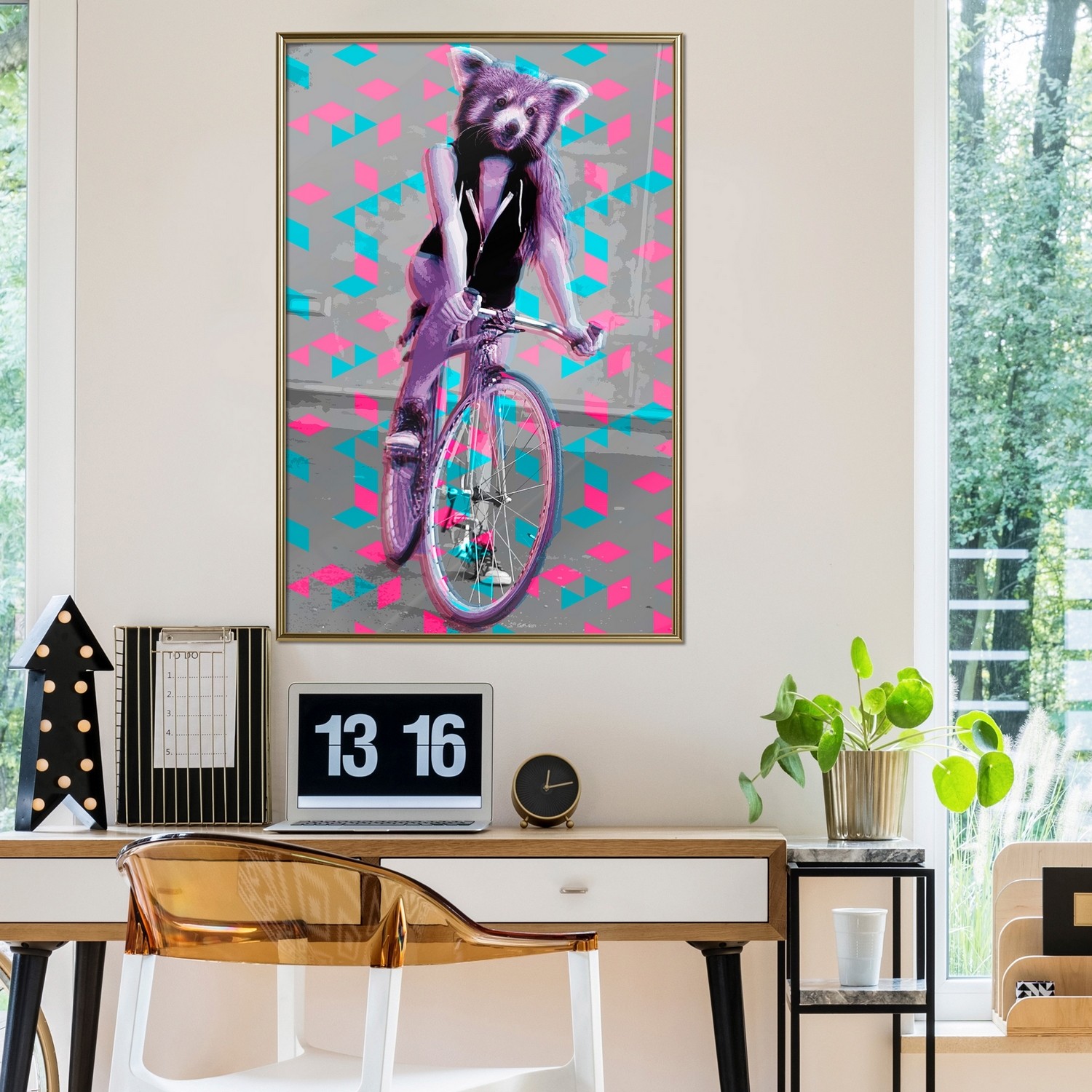 Affisch - Raccoon On The Bike [Poster] 20x30 Guld ram, 20x30 cm