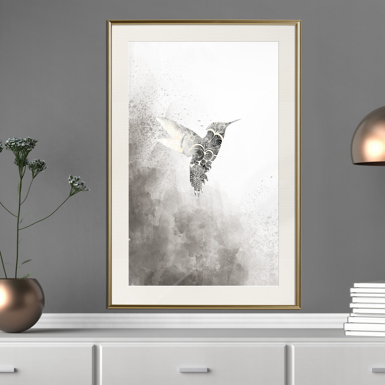 Affisch - Ethnic Hummingbird [Poster] 40x60 Guld ram med passepartout, 40x60 cm