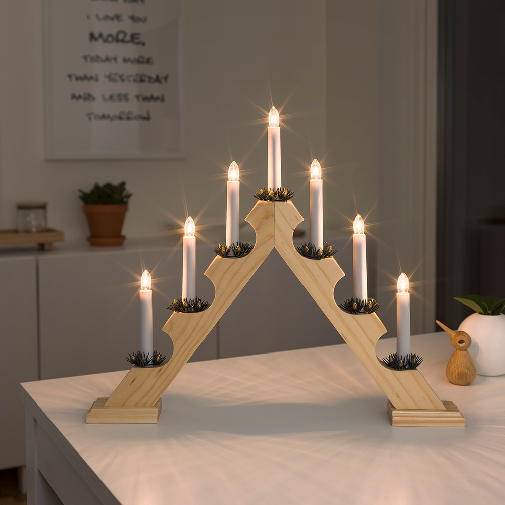 Elljusstake 7 ljus trä natur 230V Natur