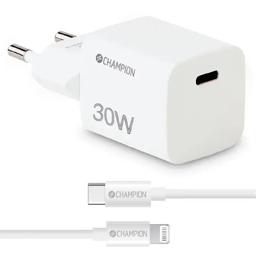 Laddare Champion 30W + USB-C till Lightning Kabel Vit