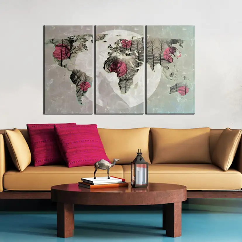 Tavla Arkiio Karta över Världen Fullmåne Triptych