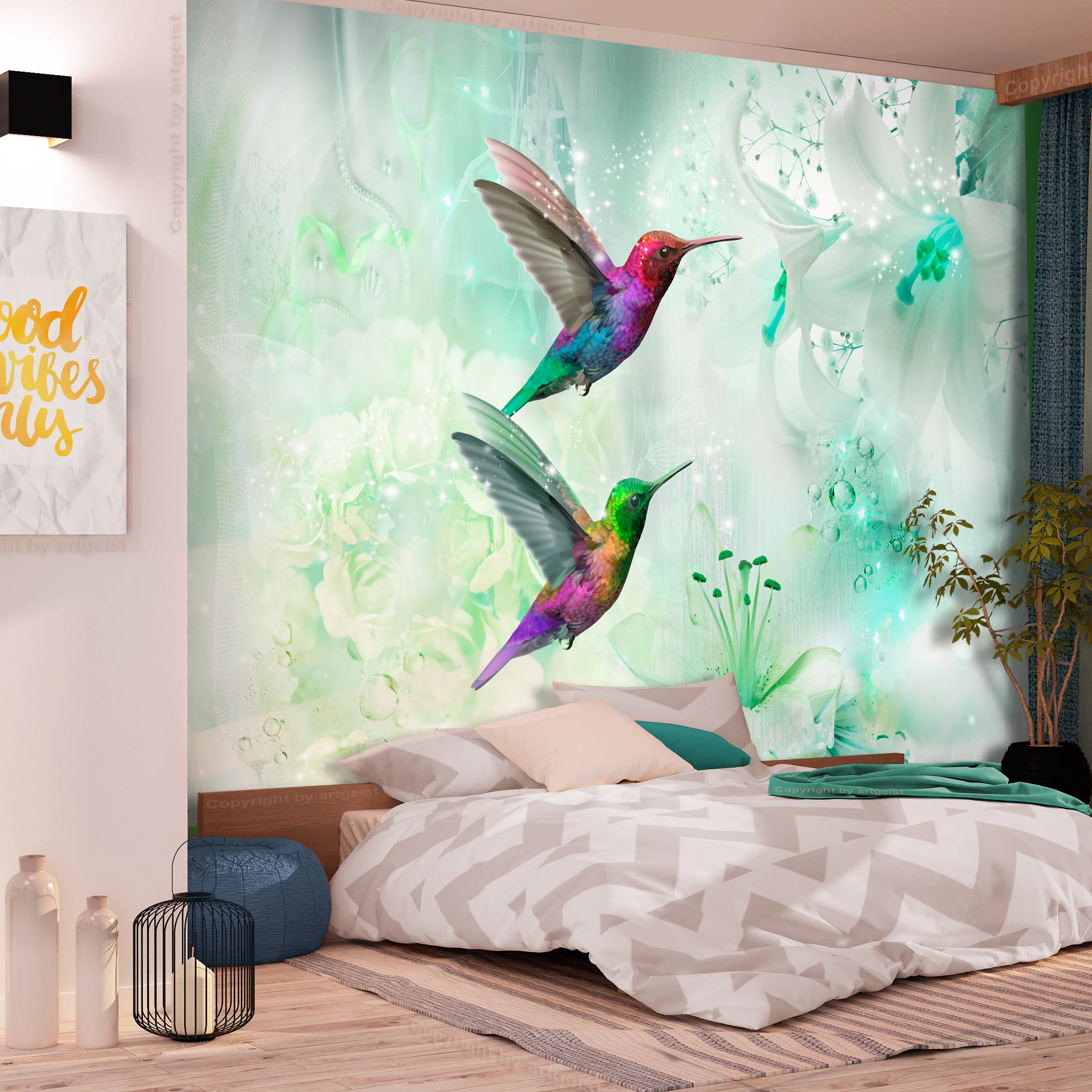 Fototapet Arkiio Självhäftande Colourful Hummingbirds Green
