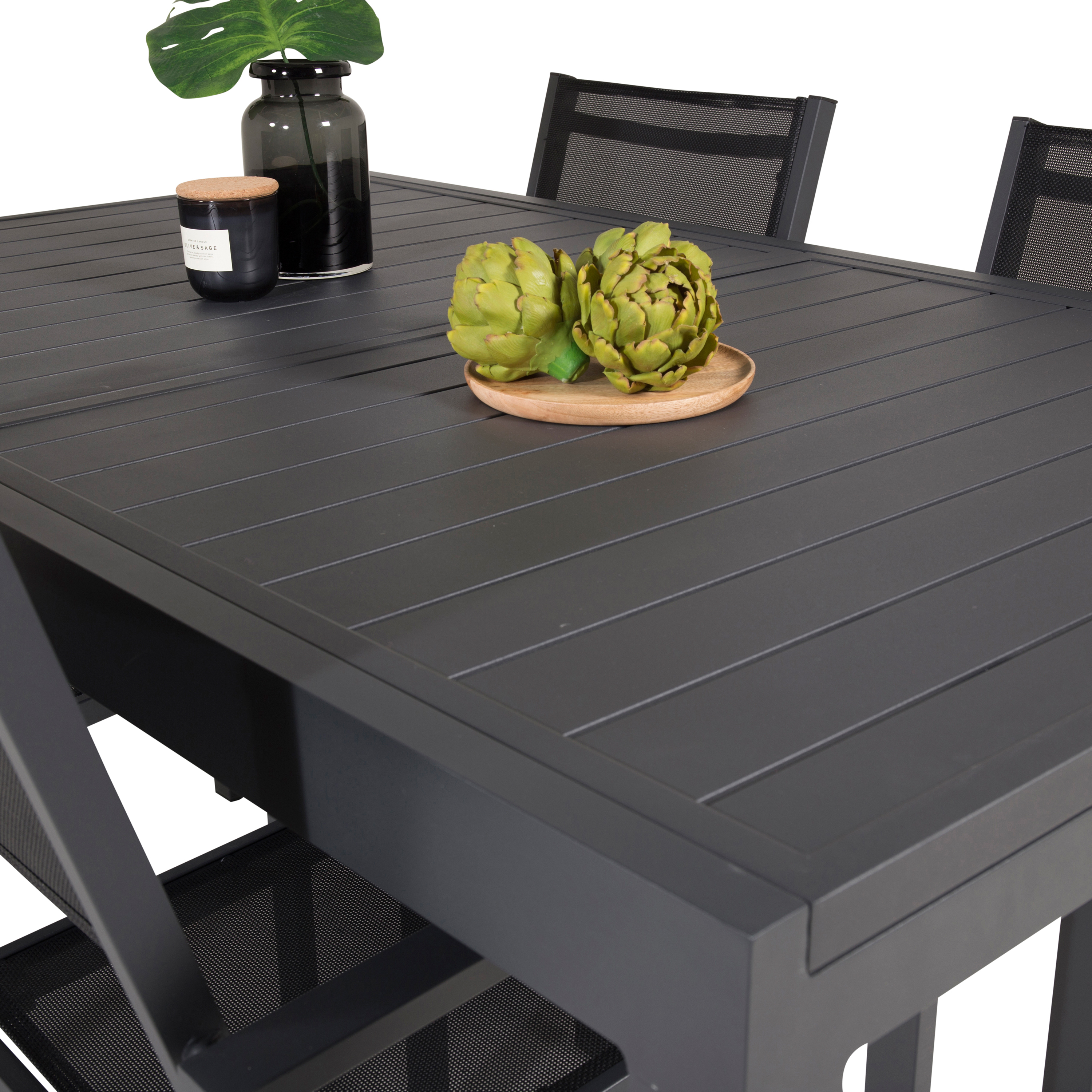 Marbella Bord160/240*100*H75-svart+Copacabana stol-svartt 4 Svart Bord, Svart stol med Svarta Ben