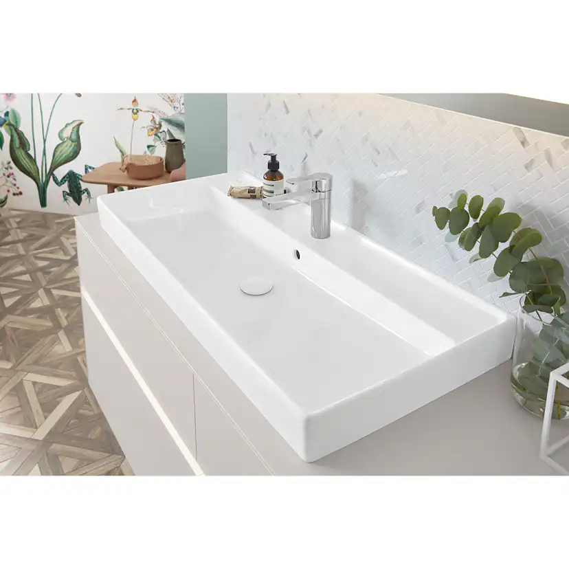 Tvättställ villeroy & Boch Collaro 4A33C5RW Stenvit CeramicPlus, Med Bräddavlopp, 1200 mm, Med Blandarhål, för Trehålsblandare