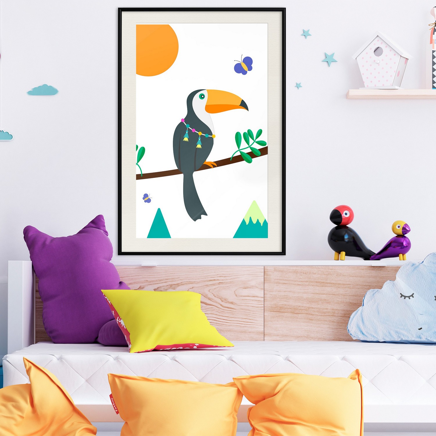 Affisch - Toucan And Butterflies [Poster] 40x60 Svart ram med passepartout, 40x60 cm