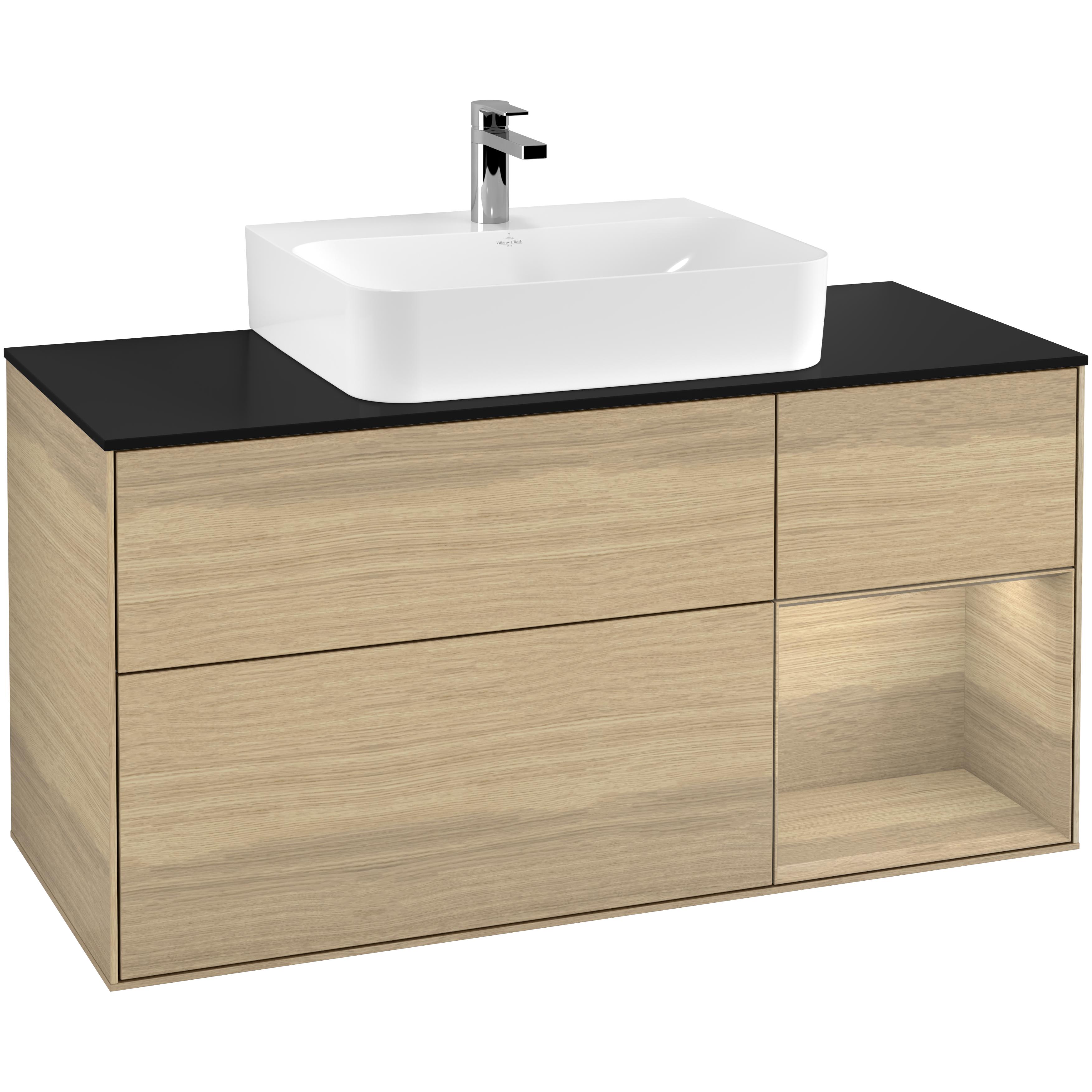 Tvättställsskåp Villeroy & Boch Finion G172PCPC Ekfanér/Ekfanér med bänkskiva i Mattsvart glas med Väggbelysning, Lucka Höger
