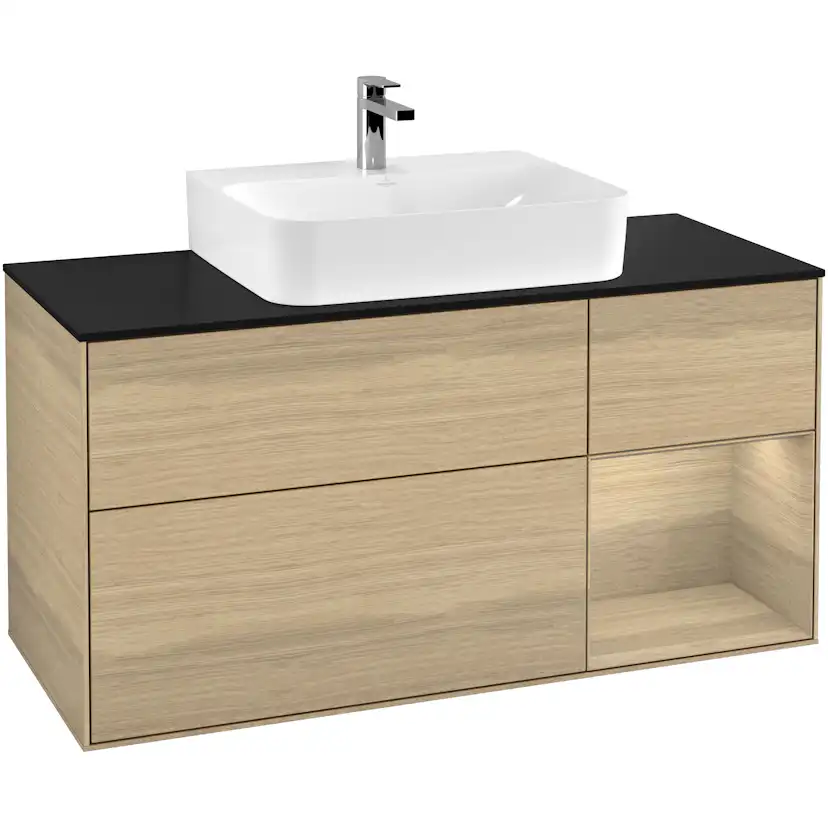 Tvättställsskåp Villeroy & Boch Finion G172PCPC Ekfanér/Ekfanér med bänkskiva i Mattsvart glas med Väggbelysning, Lucka Höger