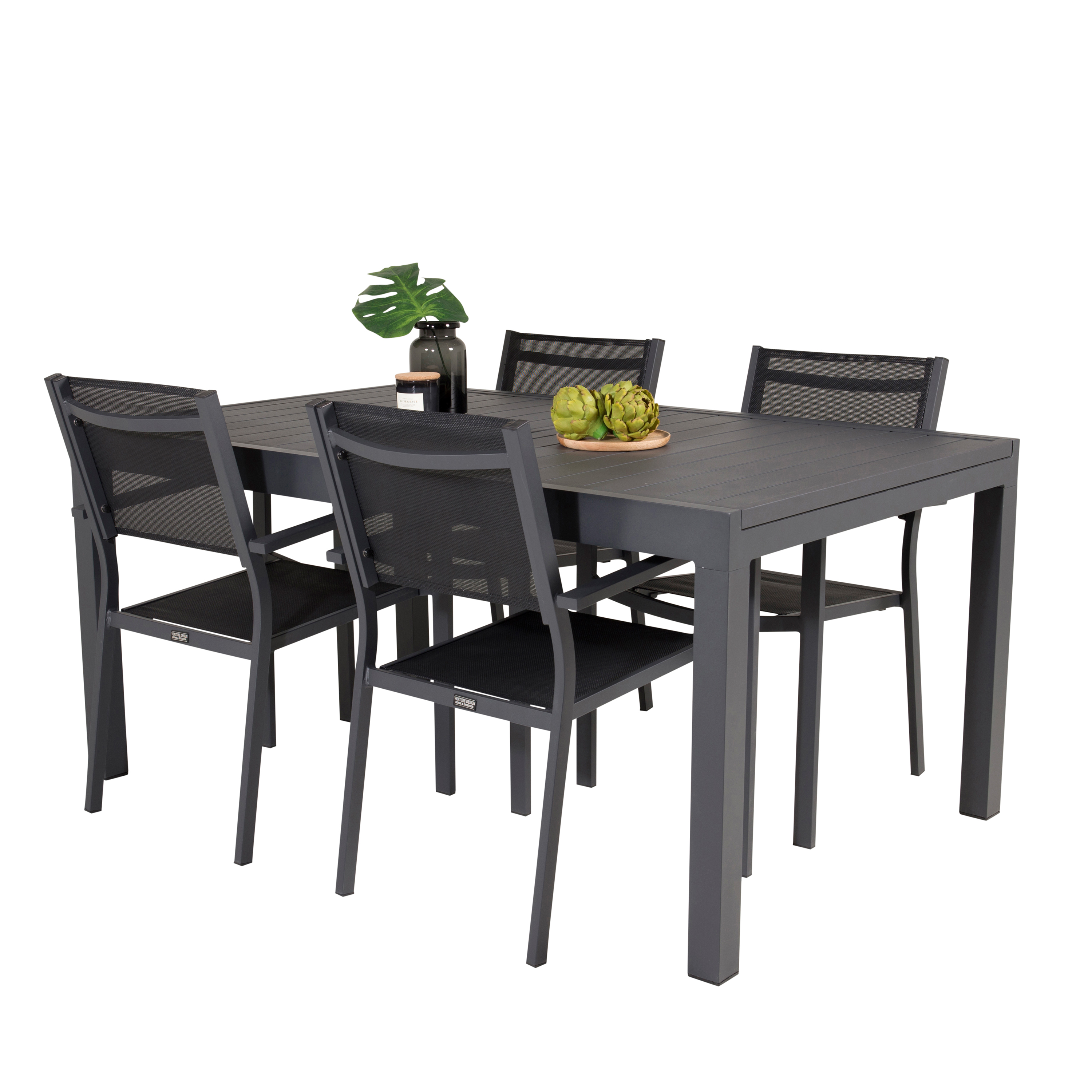 Marbella Bord160/240*100*H75-svart+Copacabana stol-svartt 4 Svart Bord, Svart stol med Svarta Ben