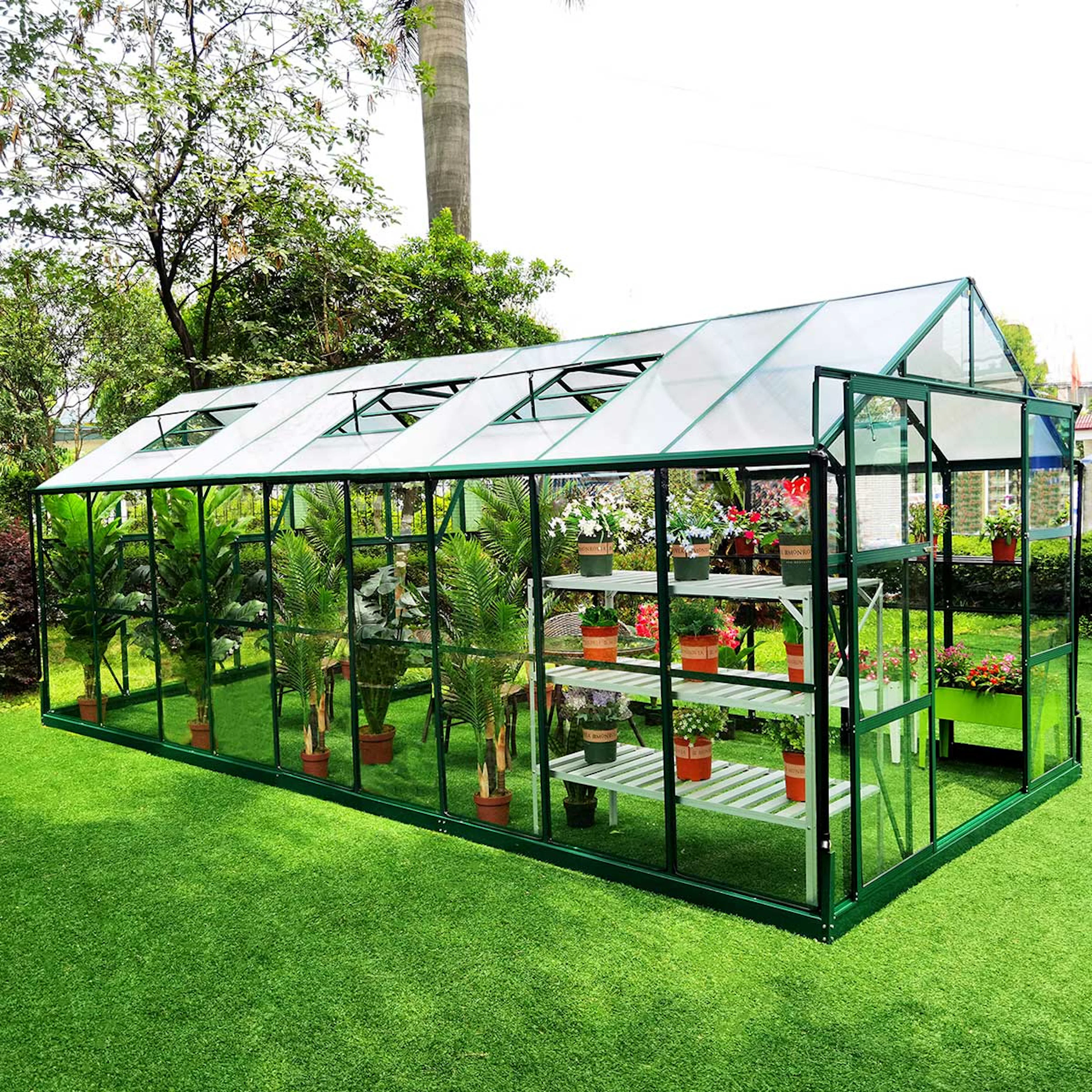 Växthus 14,4m2, glas, pc-tak, 6 fönster, Grön Grön