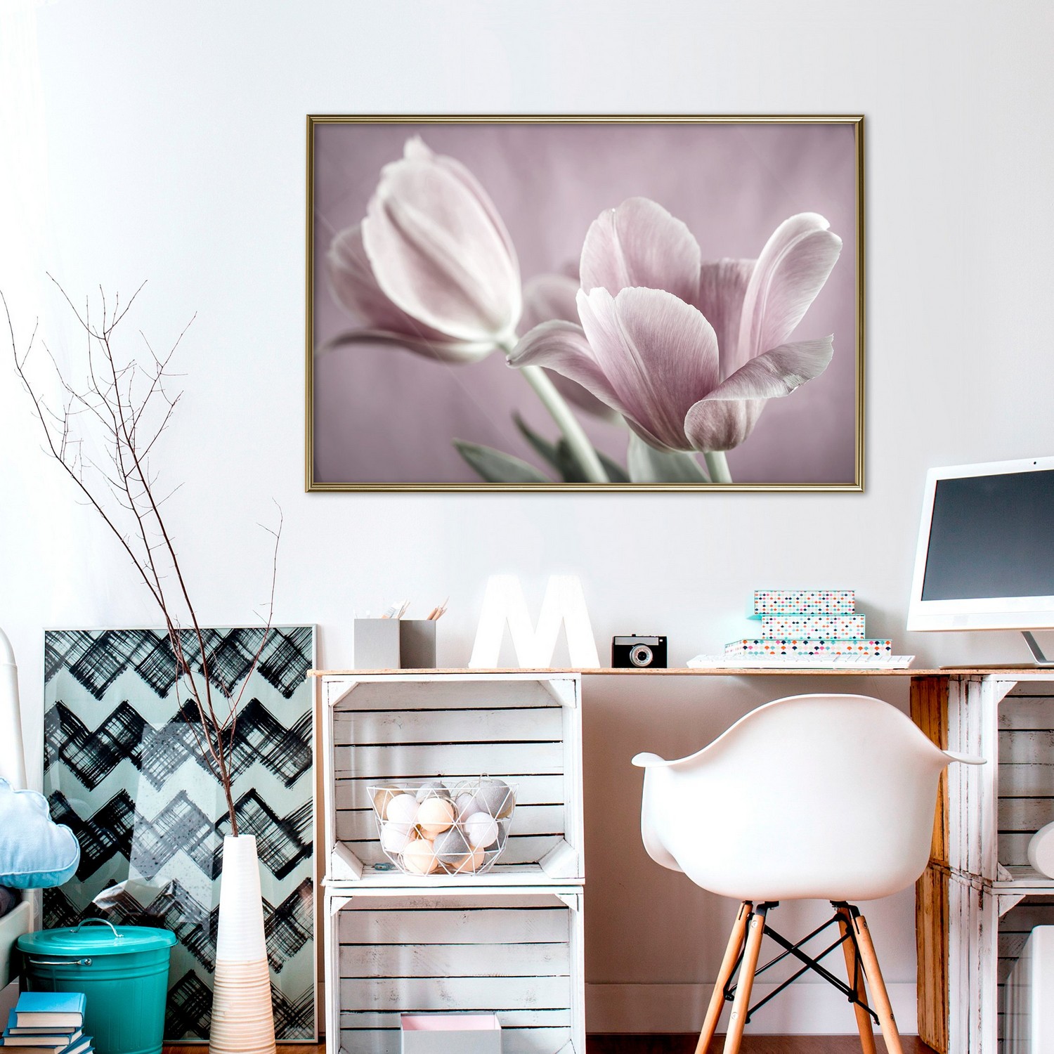 Affisch - Pink Tulips [Poster] 30x20 Guld ram, 30x20 cm