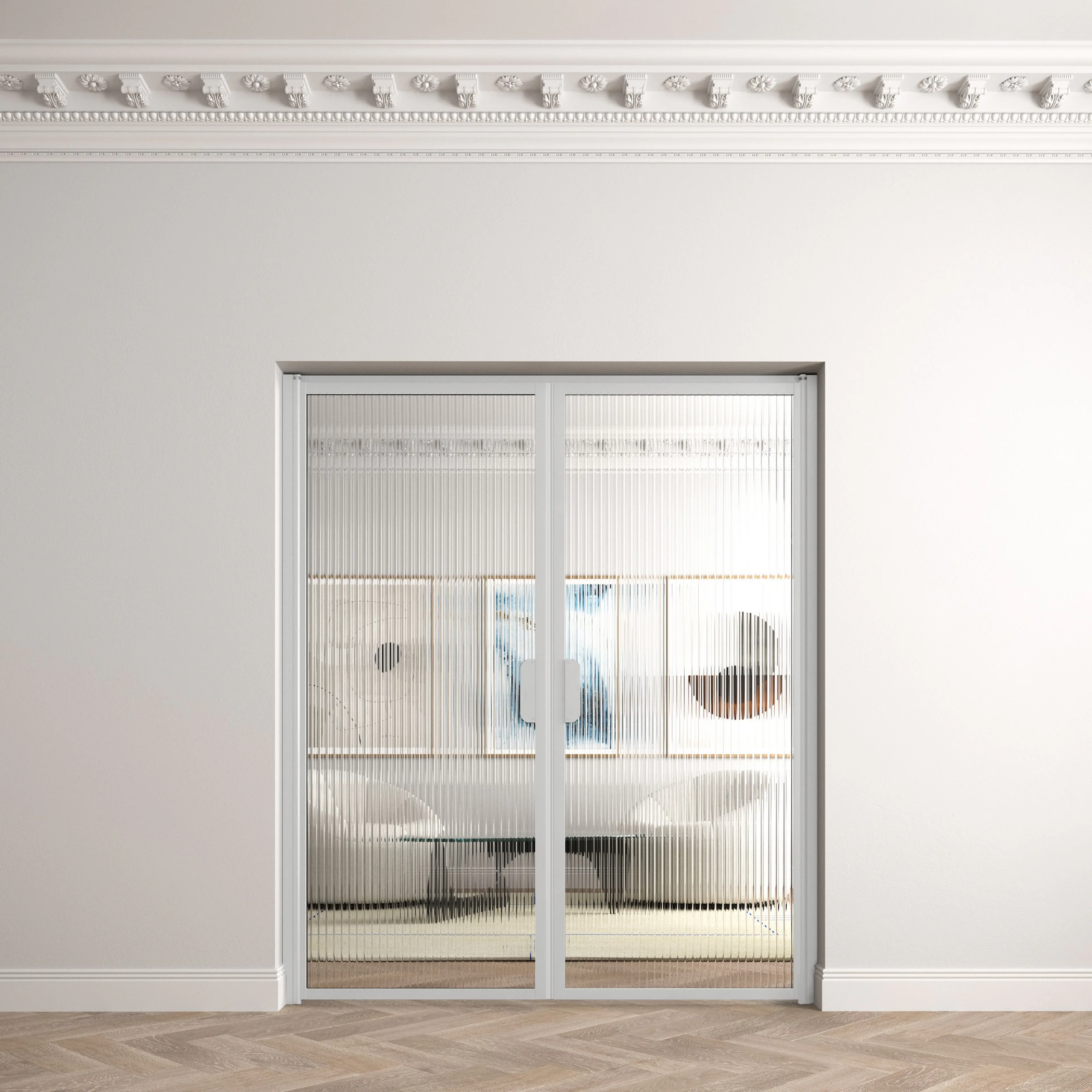 Bläk 775 New York Pardörr Vit, HxB: 2000x1400 mm, Randigt Reeded -glas