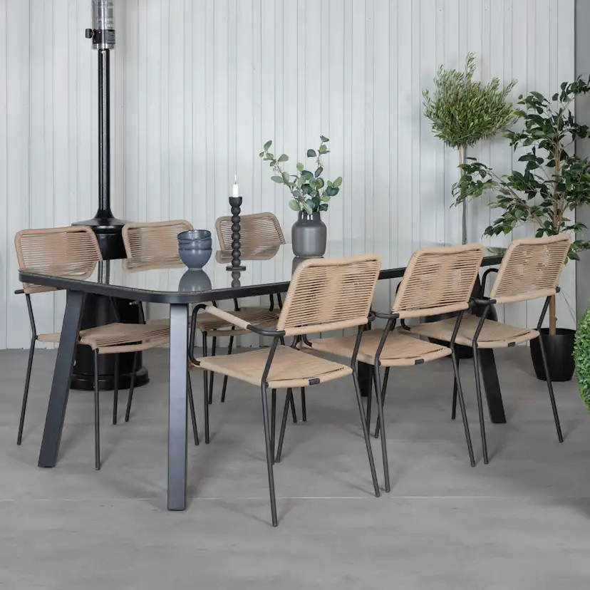 Paola Dining Table - Black Steel / Nature Wicker - 200*100+L Latte