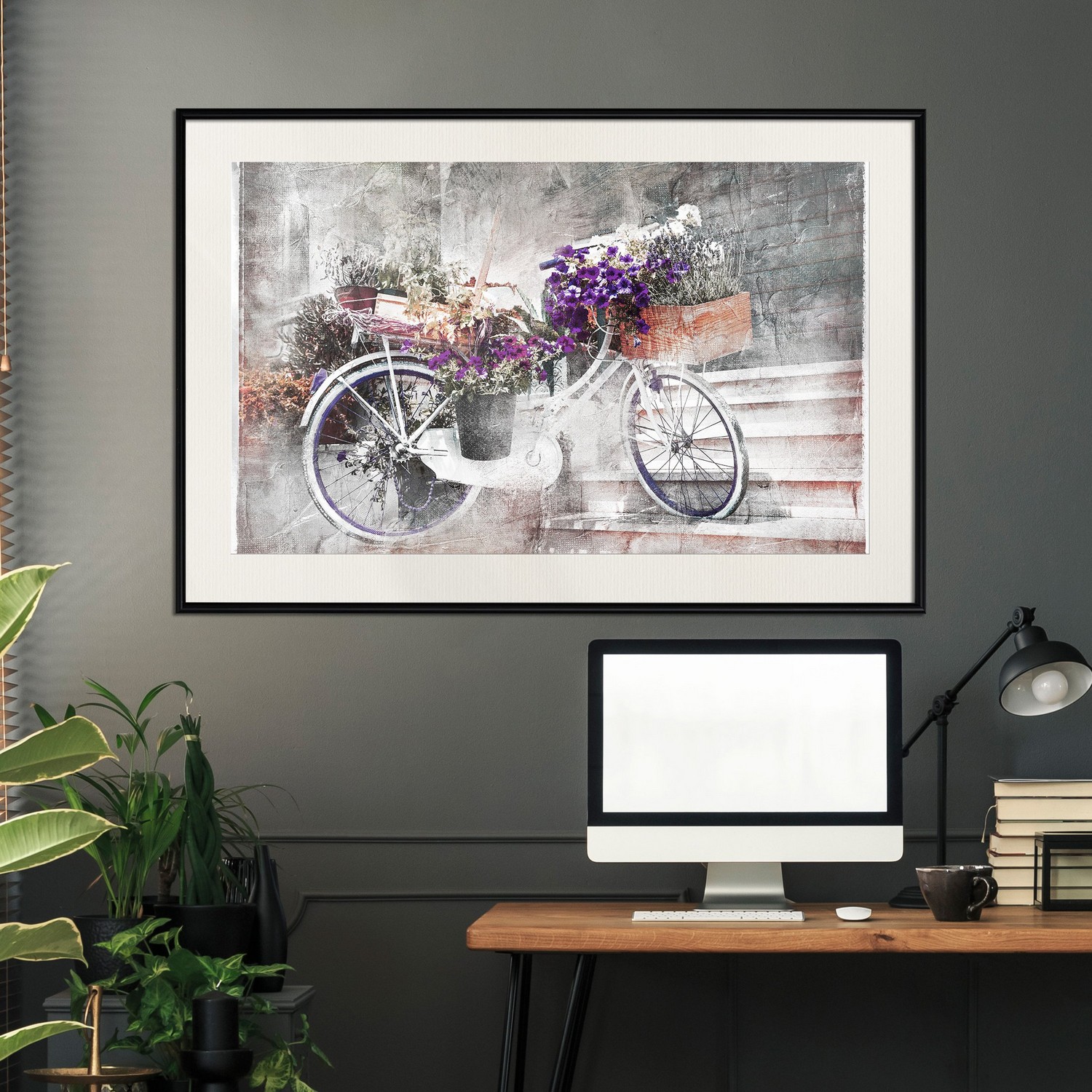 Affisch - Floral Bike [Poster] 30x20 Svart ram med passepartout, 30x20 cm