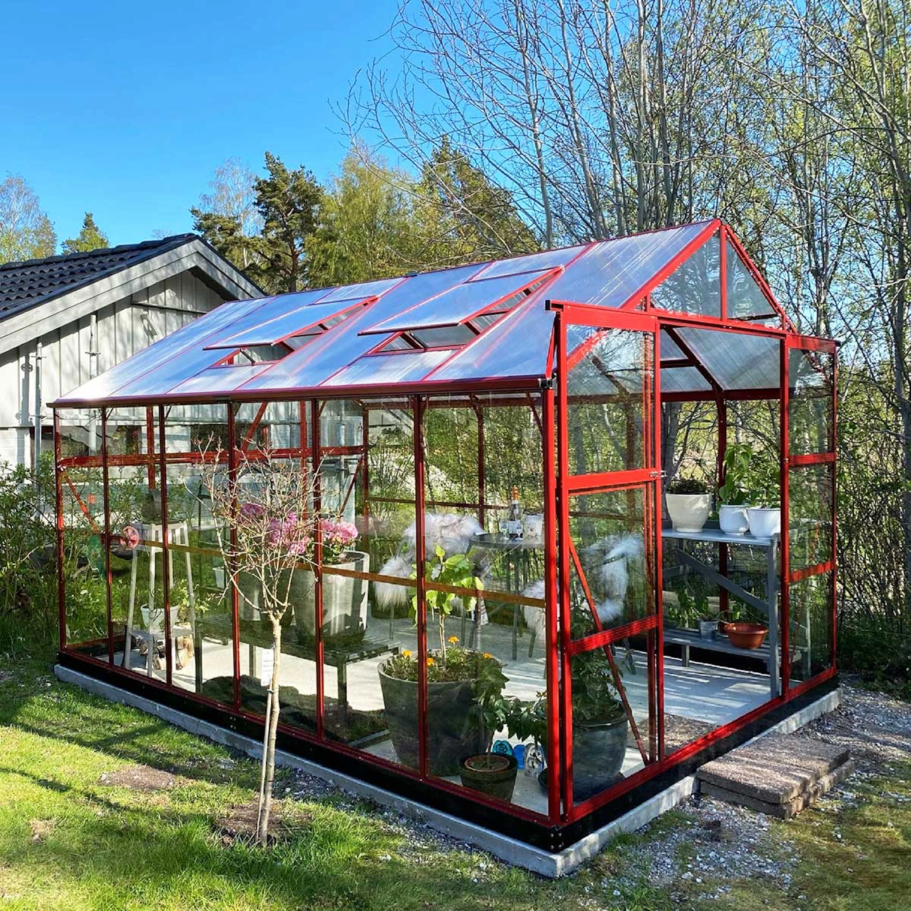 Växthus 9,56 m2, glas, pc-tak (372X257X228CM), Röd Röd