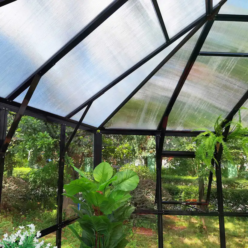 Växthus/Orangeri Metalcraft Hexagon Svart Aluminiumstomme med UV-Skyddat & Härdat Säkerhetsglas, 12,6 m²