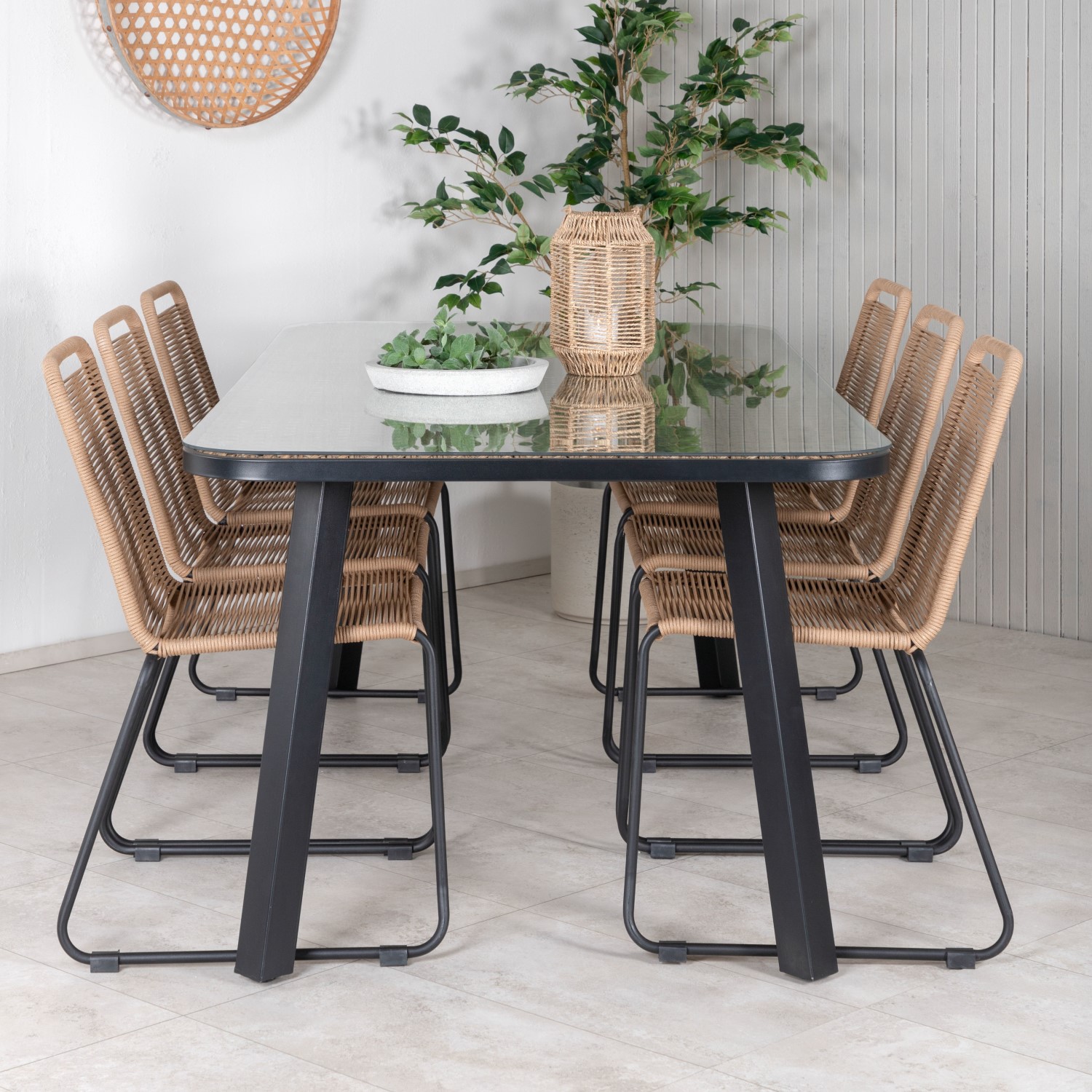 Paola Dining Table - Black Steel / Nature Wicker - 200*100+L Latte