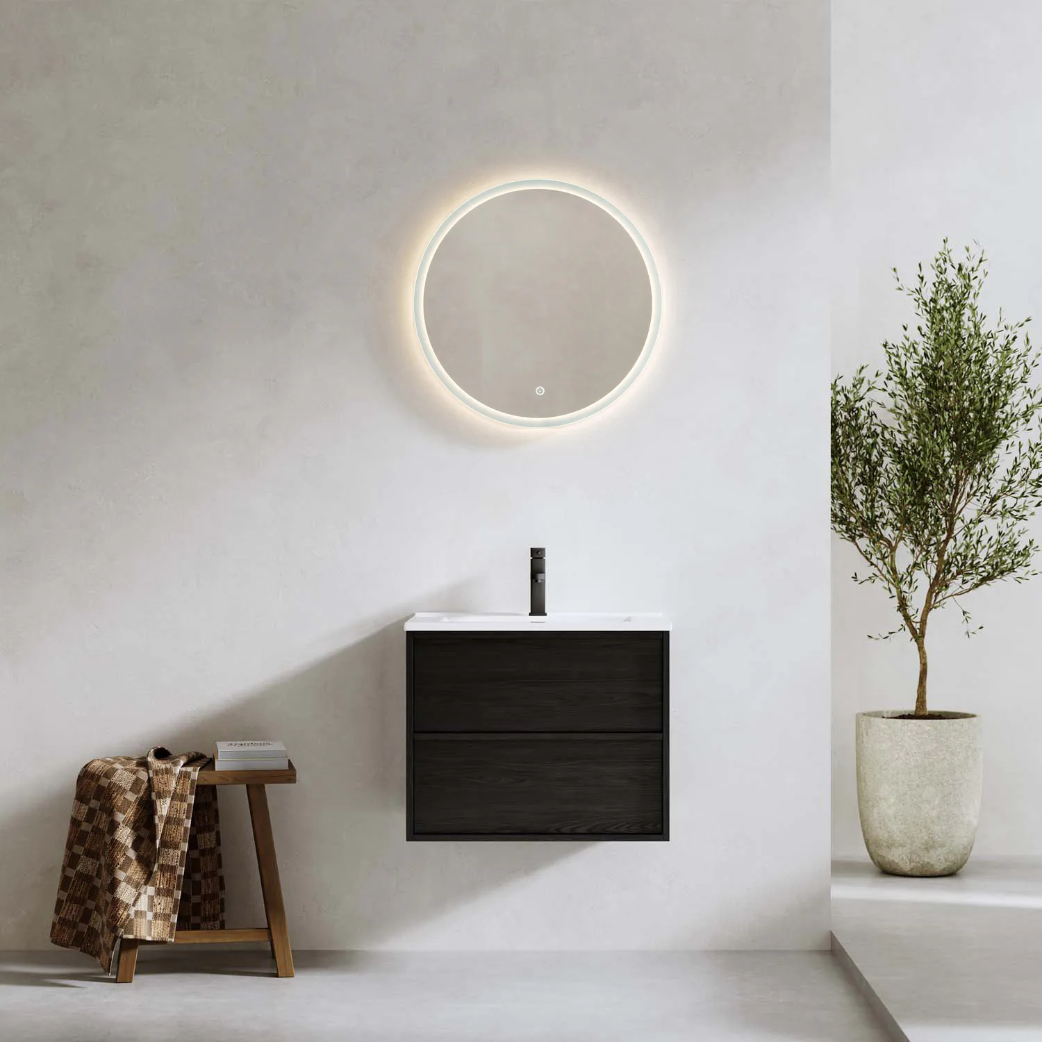 TVÄTTSTÄLLSSKÅP CHARM SVART EK MED TVÄTTSTÄLL OCH SPEGEL SKI Svart Ek, Bredd: 610 mm, Djup: 465 mm