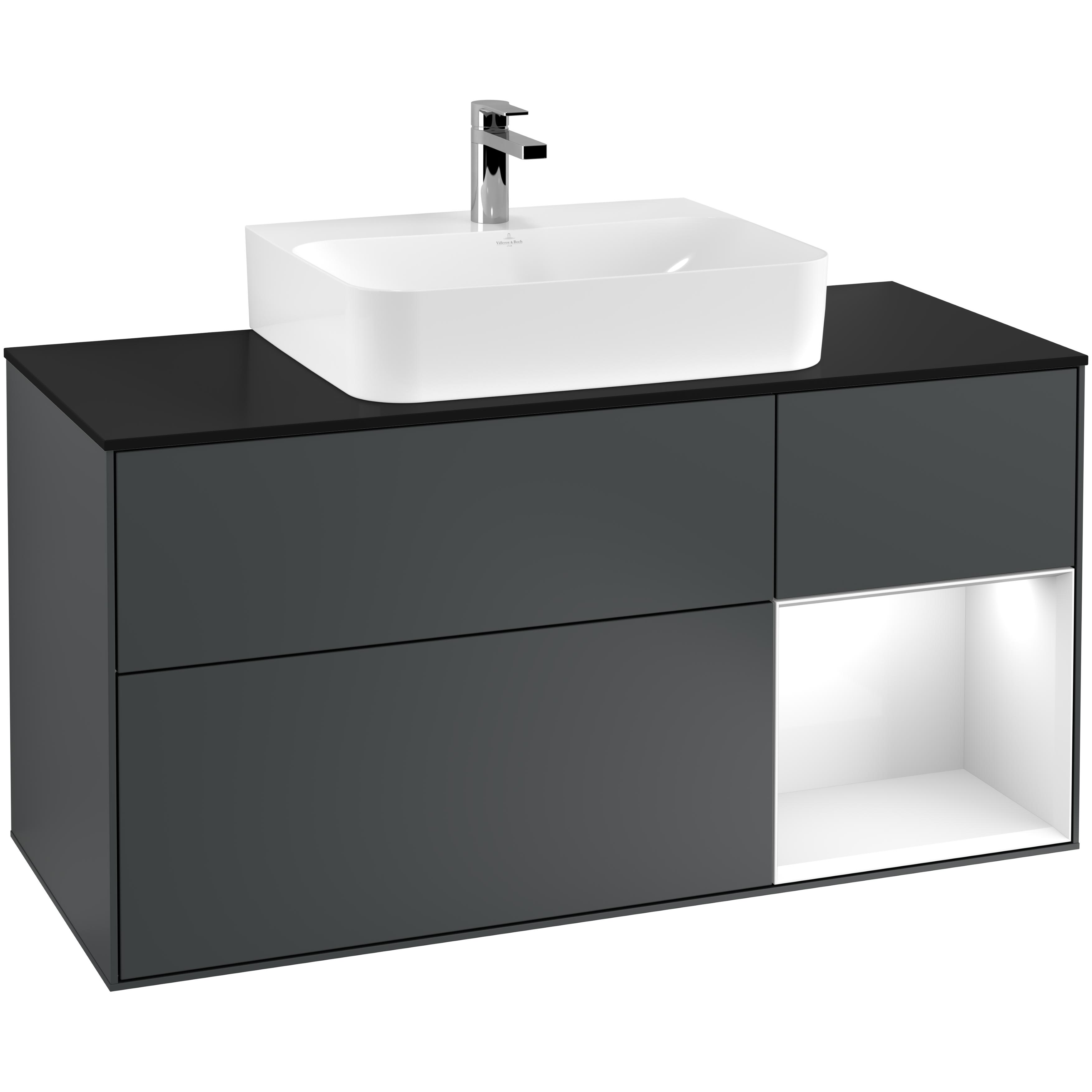 Tvättställsskåp Villeroy & Boch Finion G172GFHG Midnattsblå Mattlack/Vit Högblank med bänkskiva i Mattsvart glas med Väggbelysning, Lucka Höger