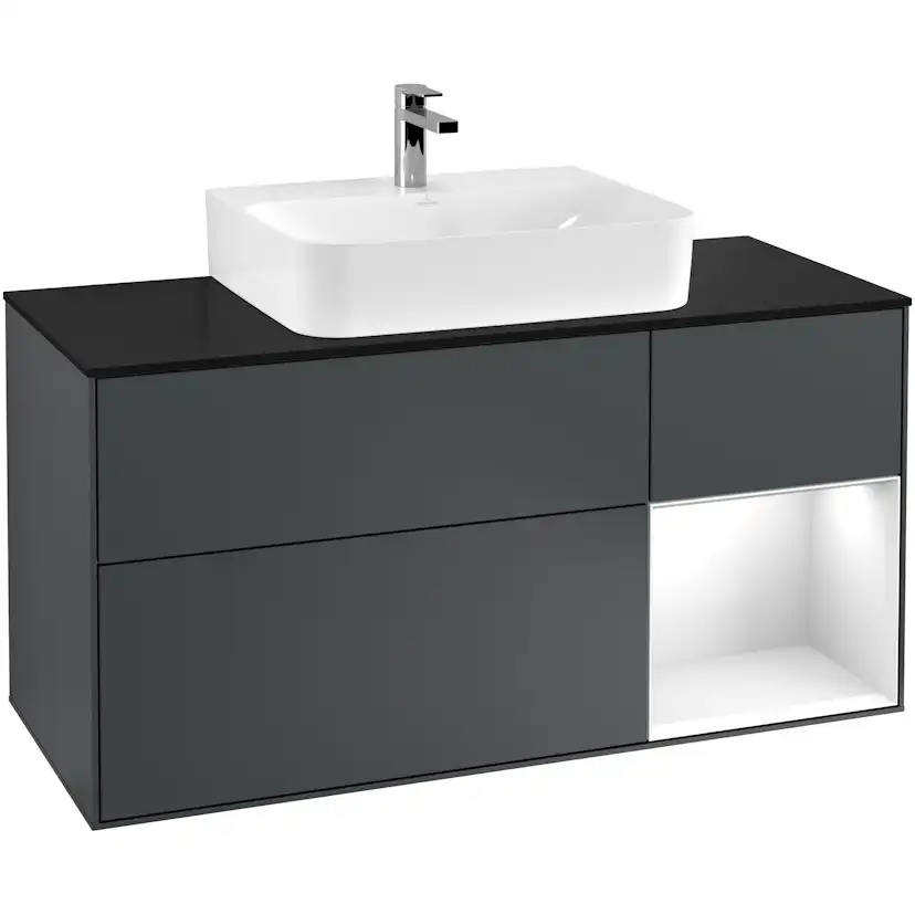 Tvättställsskåp Villeroy & Boch Finion G172GFHG Midnattsblå Mattlack/Vit Högblank med bänkskiva i Mattsvart glas med Väggbelysning, Lucka Höger
