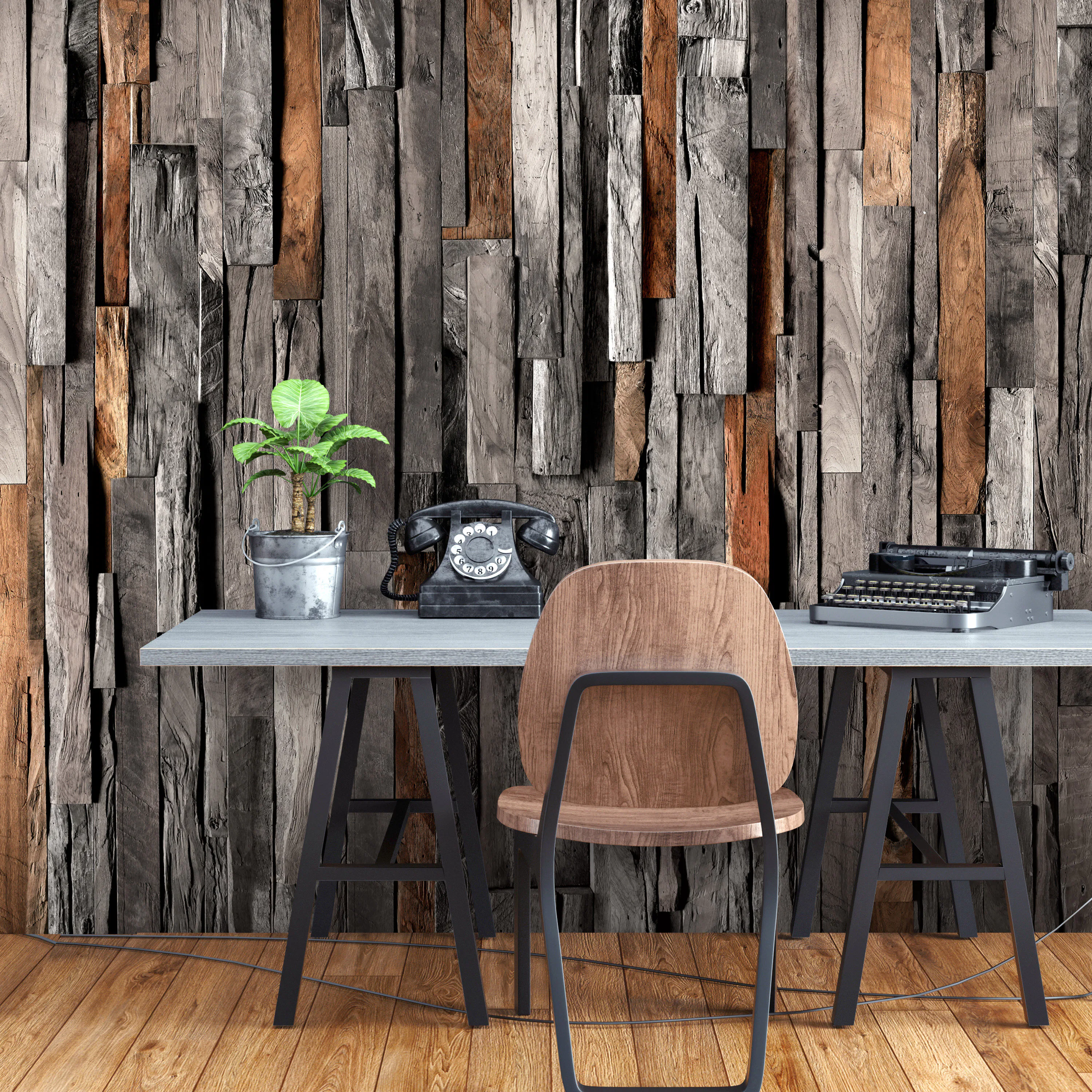 Fototapet Arkiio Självhäftande Wooden Curtain Grey And Brown